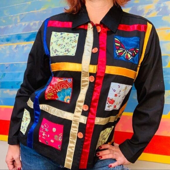 Funky Fabulous Ribbons & Patches Button Up Top - Picture 1 of 8